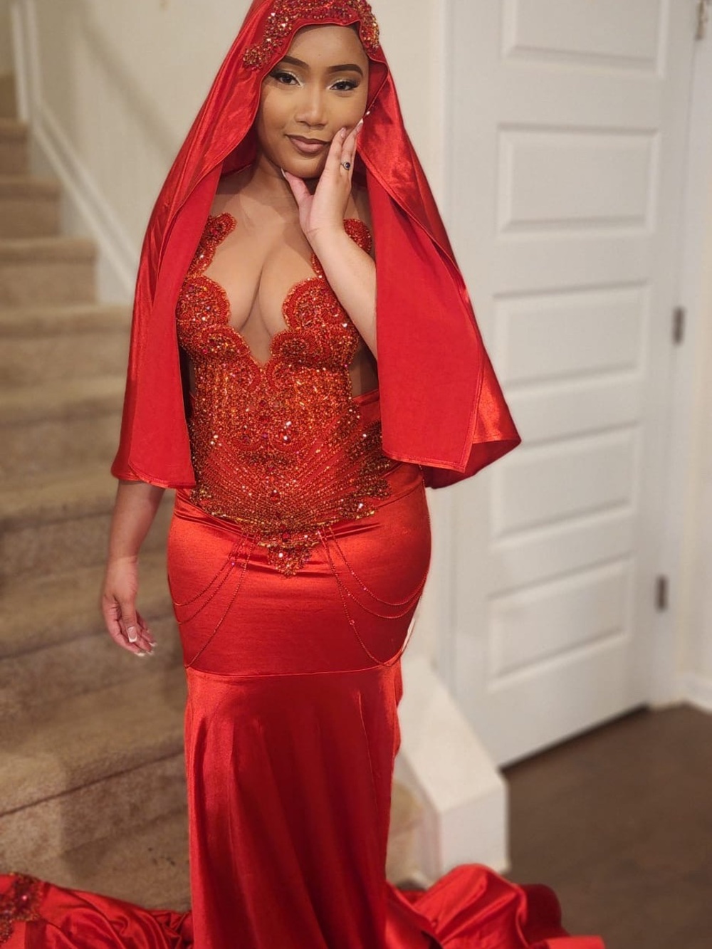Red Embellished Satin Evening Gown with Draped Hood